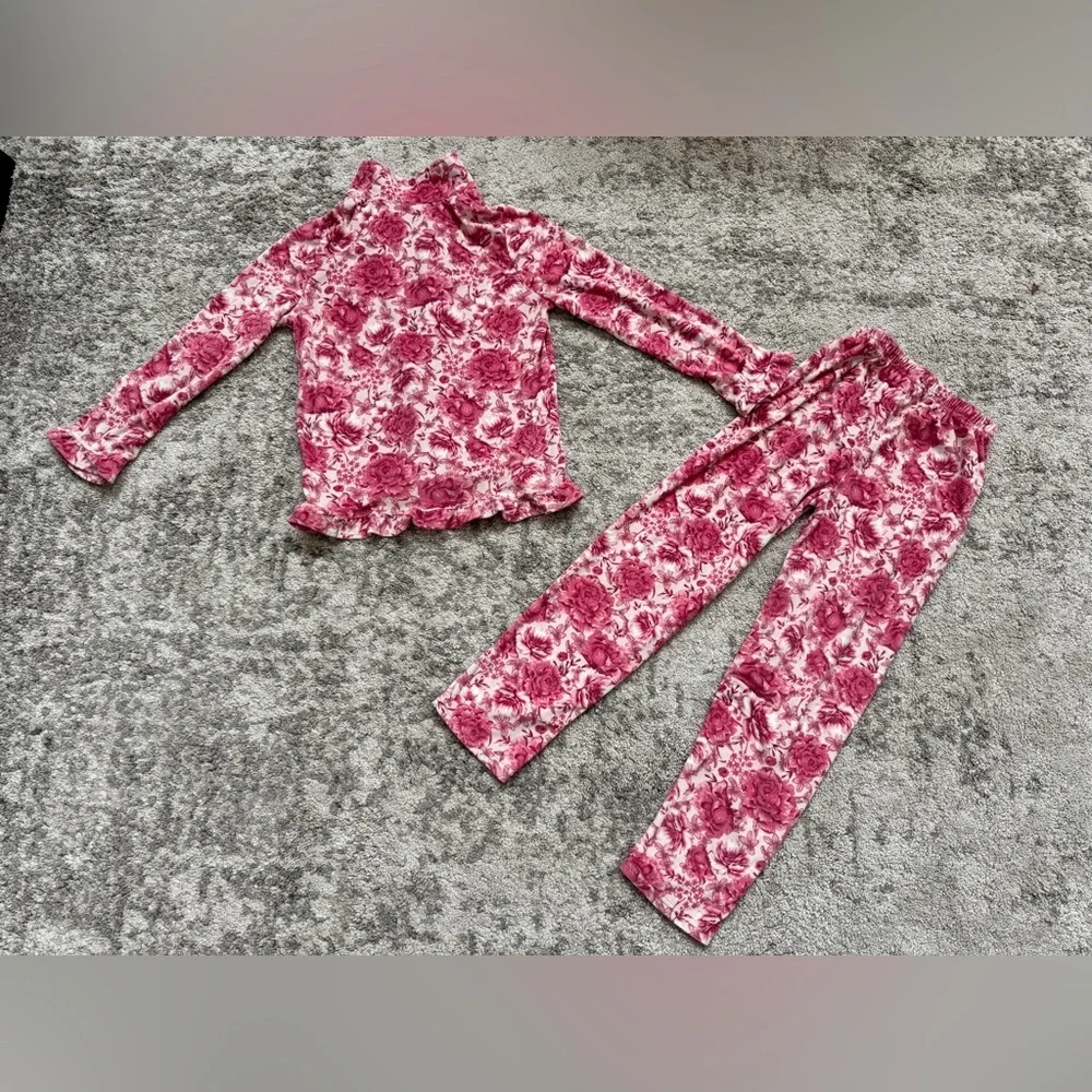 Betsey Johnson Girls Floral Fleece Pajama Set Pink Button Top Size 10